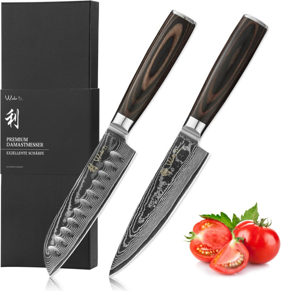 2er Damastmesser Set I 12cm bis 13cm Klingen aus 67 Lagen Damaststahl I Pakkaholzgriffe I KochmesserSet mit Geschenkbox & Fingerschutz